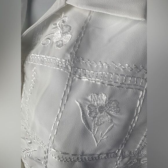 True Vintage 1980s Floral Embroidered Grid Longsleeve White Blouse - 14 L - Picture 4 of 7
